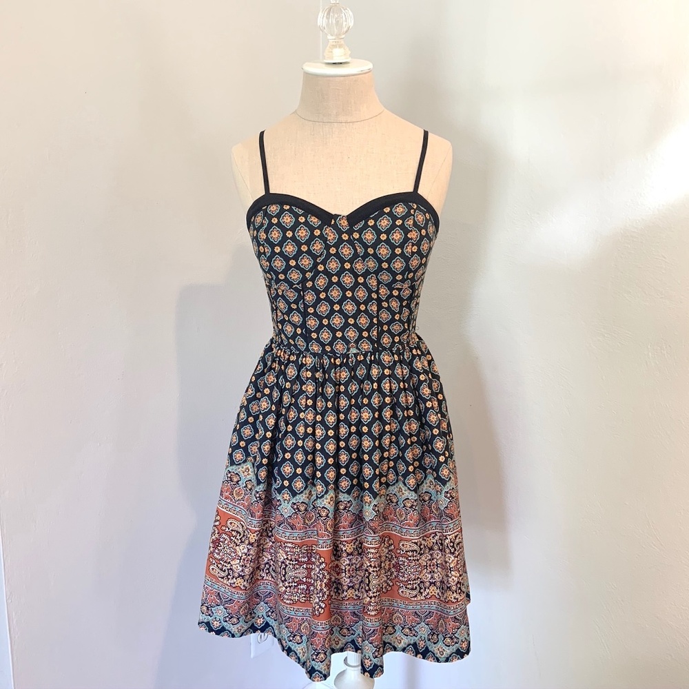 American Rag Black Boho Floral Fit and Flare Dress